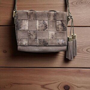 Antropologie Morgan  Woven Suede Crossbody Bag Snakeskin Accents Tassel Boho